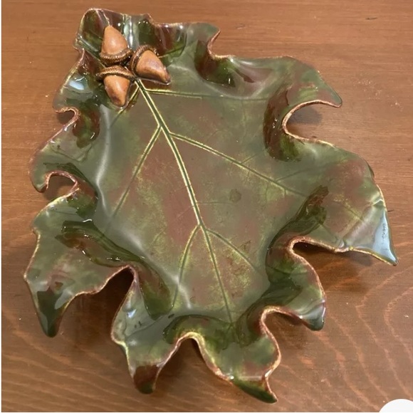 Pat Young Handmade Original Numbered Ceramic Vintage Oak Leaf Candy Dish Acorns - Picture 2 of 7